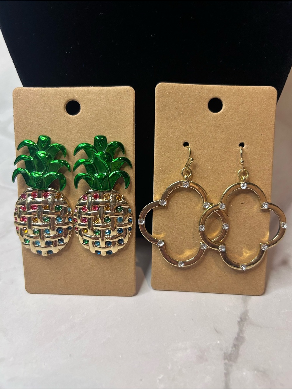 Pineapple Rhinestone Statement Earrings + Gold Toned Floral Hoop Pair